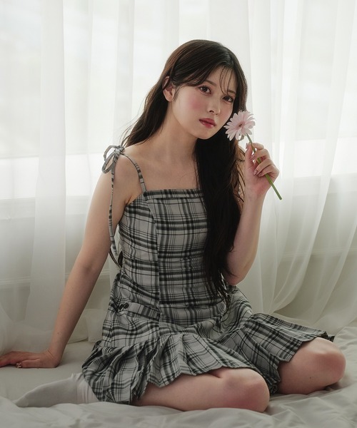 fupel チェック柄ショルダーリボンミニワンピース shoulder ribbon check mini cami onepiece /ショルダーリボン
