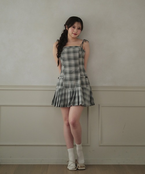 fupel チェック柄ショルダーリボンミニワンピース fupel ワンピース shoulder ribbon check mini cami onepiece