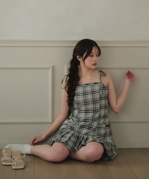 fupel チェック柄ショルダーリボンミニワンピース shoulder ribbon check mini cami onepiece /ショルダーリボン