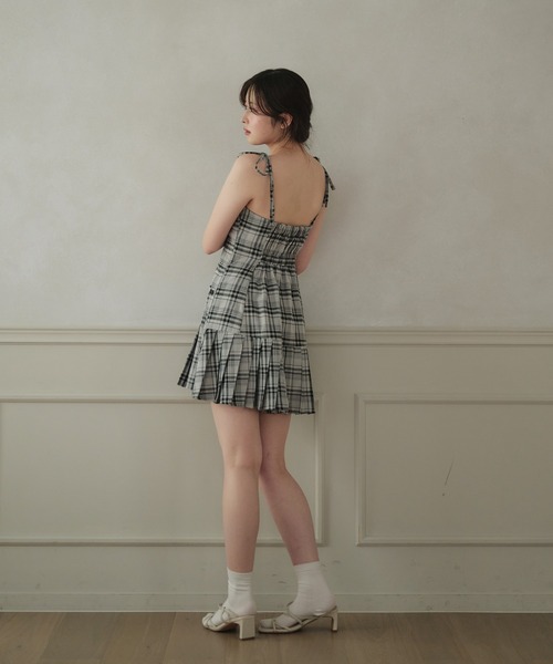 fupel ワンピース shoulder ribbon check mini cami onepiece