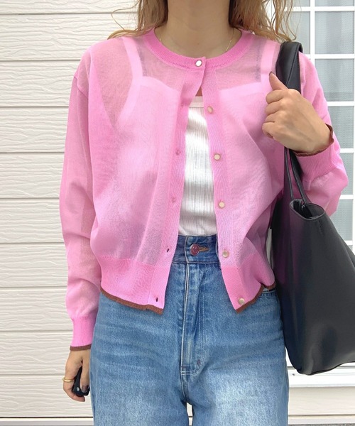 カーディガン シアーニットバイカラーカーデ レディース