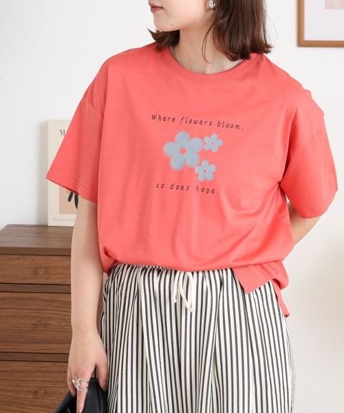 スマホショルダー tシャツ 半袖 BRODIAEA フラワープリント半袖Tシャツ