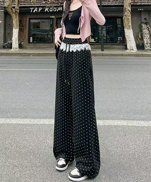 レース付きワイドレッグデニムパンツ セール】ワイドレッグパンツ（デニムパンツ）｜Lace Ladies