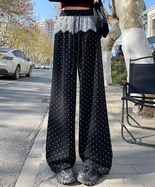 ブラック レース ワイドレッグパンツ gossip!ロサンゼルス パンツ レースアクセント ドロストワイド