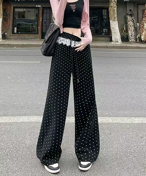 ブラック レース ワイドレッグパンツ gossip!ロサンゼルス パンツ レースアクセント ドロストワイド