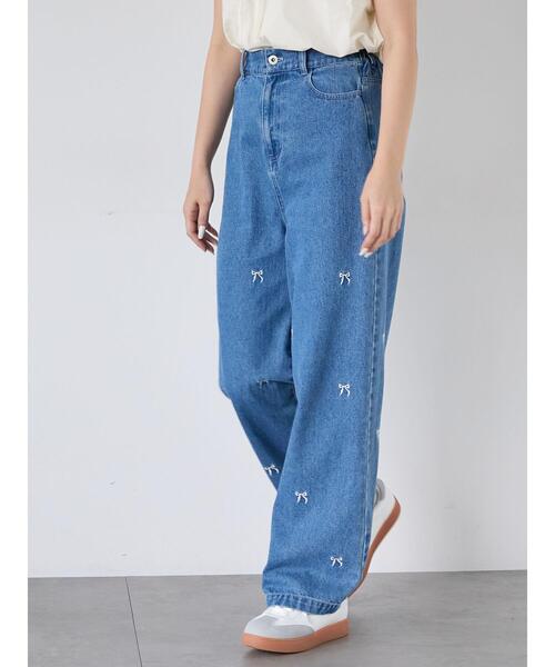 ehka sopo パンツ リボン刺繍ストレートデニムパンツ レディース