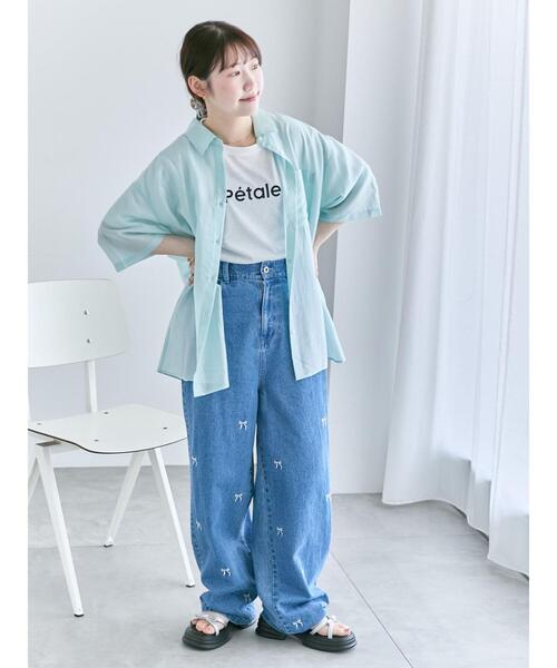 ehka sopo パンツ リボン刺繍ストレートデニムパンツ レディース