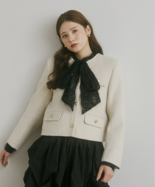 Olu.（オルドット） ブラウス シャツ スパンコールレースリボンタイ