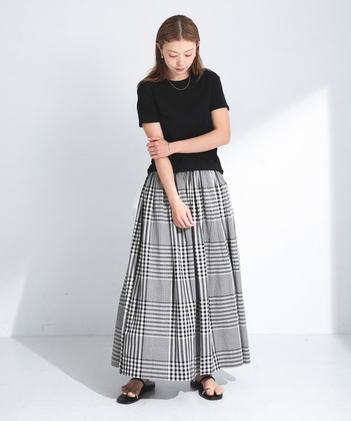 美品　ワンダフルワールド　ギンガムチェック段々ロングスカート　紺✖️白 ギンガムチェックロングスカート[品番：PMZW0001760]｜Primazel