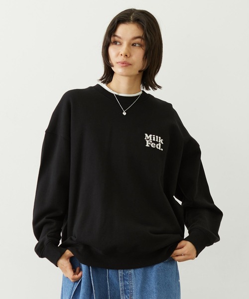 新品　MILKFED. ブラック オーバーサイズトレーナー MILKFED.（ミルクフェド） トレーナー スウェット MILKFED. PLAID LOGO