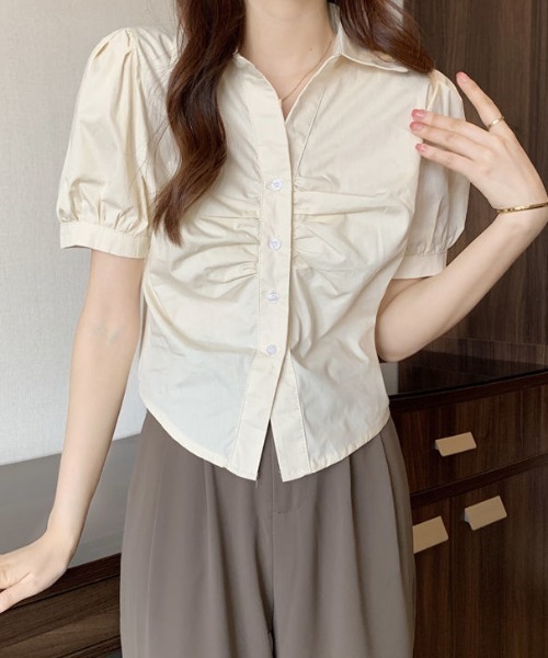 新品 ameri vintage フロントギャザー 半袖ブラウス ホワイト 新品