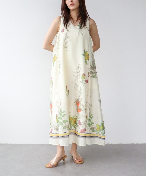 美品 L'EQUIPE ボタニカルプリントワンピース 38 Three Four Time（スリーフォータイム） ワンピース ボタニカル