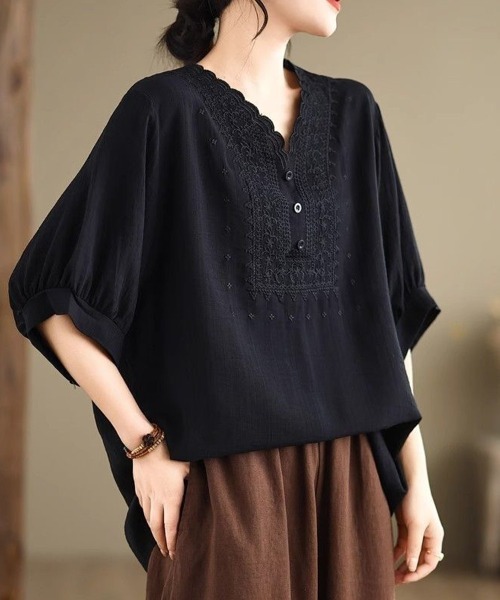 ブラウス シャツ 半袖 刺繍スカラップネックブラウス レディース
