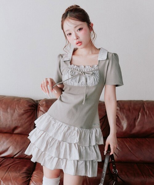 値下げ中│OLIVE des OLIVE レイヤード風着痩せワンピ OLIVE des OLIVE（オリーブデオリーブ） ワンピース 半袖 レイヤード風