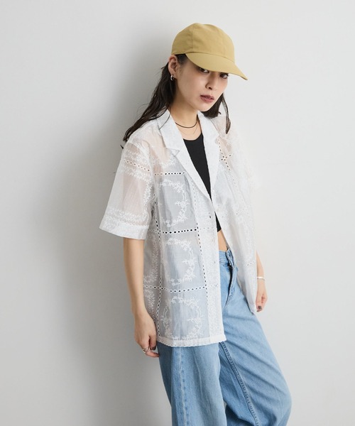 STELLA FISH ブラウス シャツ 夏 パッチワーク風総刺繍半袖シャツ