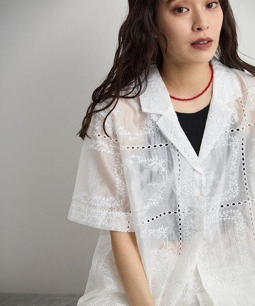 STELLA FISH ブラウス シャツ 夏 パッチワーク風総刺繍半袖シャツ
