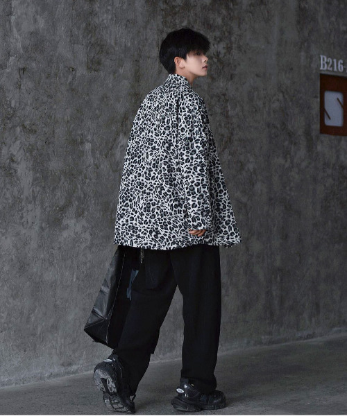 美品2XL✨ショット　アニマルプリントコンビシャツ　ワークシャツ　ヒョウ柄　黒 シャツ パイソン柄・レオパード柄 半袖開襟シャツ/アニマル総柄