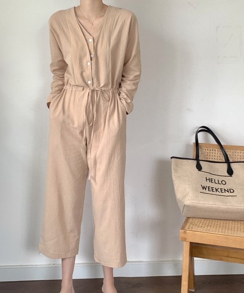 Noble美品 リネンライクVネックミニサロペ Noble（ノーブル）の「リネンライクVネックミニサロペット
