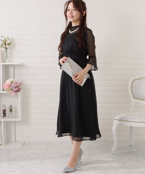 Lace Ladies ドレス ウエストギャザーフレアシフォンワンピース