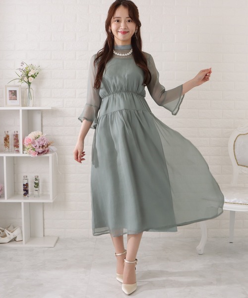 Lace Ladies ドレス ウエストギャザーフレアシフォンワンピース
