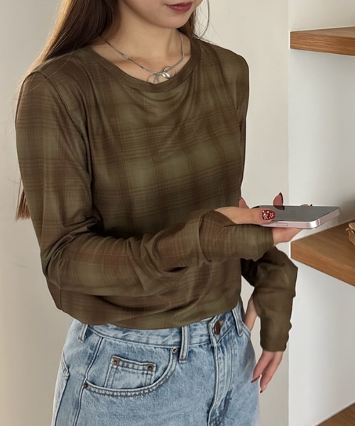 tシャツ チェックシアートップス レディース Birthday room tシャツ シアーチェックカットソー / sheer