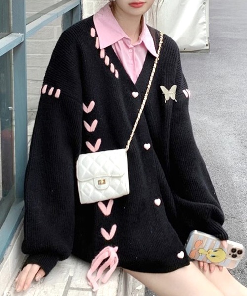 Riff（リフ） ニット セーター レースアップリボンカーディガン