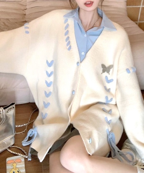 Riff（リフ） ニット セーター レースアップリボンカーディガン