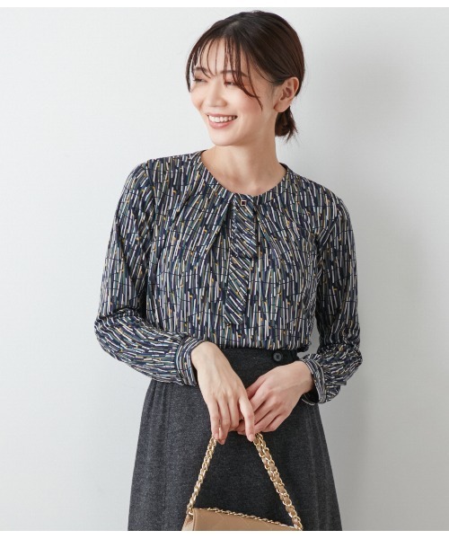 tシャツ ポリエステル強撚スムース ランダムレーンプリント ボウタイプルオーバー レディース NEWYORKER tシャツ ポリエステル強撚スムース ランダムレーン