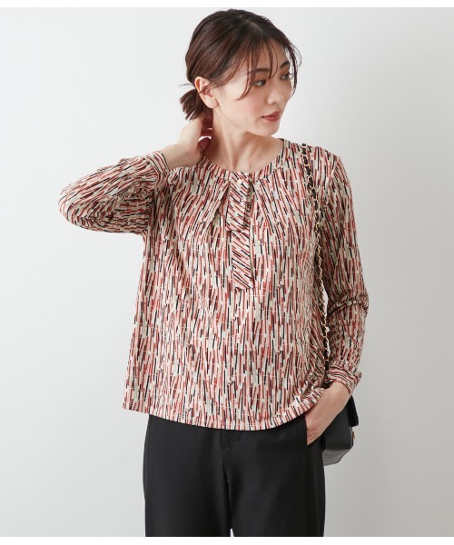 tシャツ ポリエステル強撚スムース ランダムレーンプリント ボウタイプルオーバー レディース