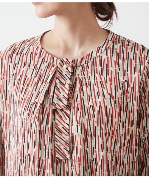 tシャツ ポリエステル強撚スムース ランダムレーンプリント ボウタイプルオーバー レディース NEWYORKER tシャツ ポリエステル強撚スムース ランダムレーン