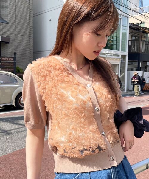 チュール刺繍ハーフスリーブカーディガン le.coeur blanc カーディガン 「大人気！！」チュール刺繍ハーフ