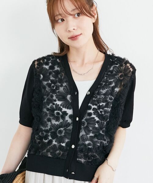 カーディガン 「大人気！！」チュール刺繍ハーフスリーブカーディガン レディース le.coeur blanc カーディガン 「大人気！！」チュール刺繍ハーフ