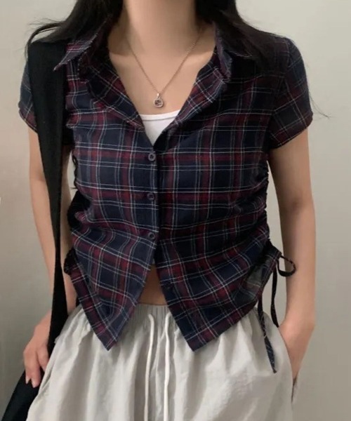 ブラウス シャツ サイドドロー半袖格子ブラウス レディース