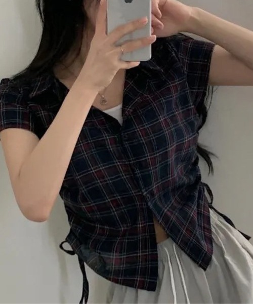 ブラウス シャツ サイドドロー半袖格子ブラウス レディース SPIGA ブラウス シャツ サイドドロー半袖格子ブラウス