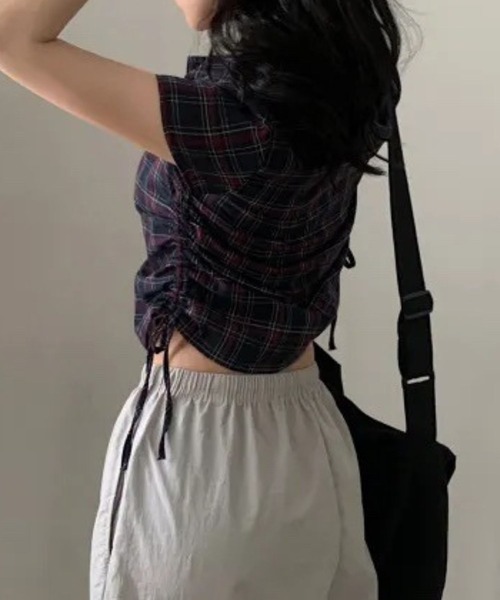 SPIGA ブラウス シャツ サイドドロー半袖格子ブラウス