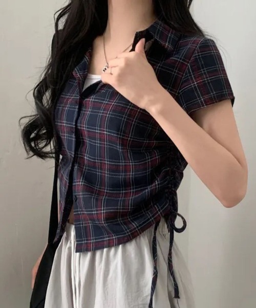ブラウス シャツ サイドドロー半袖格子ブラウス レディース SPIGA ブラウス シャツ サイドドロー半袖格子ブラウス
