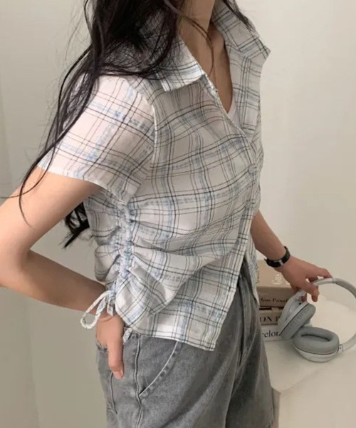 ブラウス シャツ サイドドロー半袖格子ブラウス レディース SPIGA ブラウス シャツ サイドドロー半袖格子ブラウス