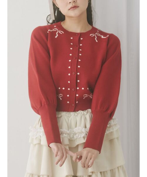 merry jenny スリーブリボンカーディガン 赤 merry jenny（メリージェニー）の「スリーブリボンカーディガン
