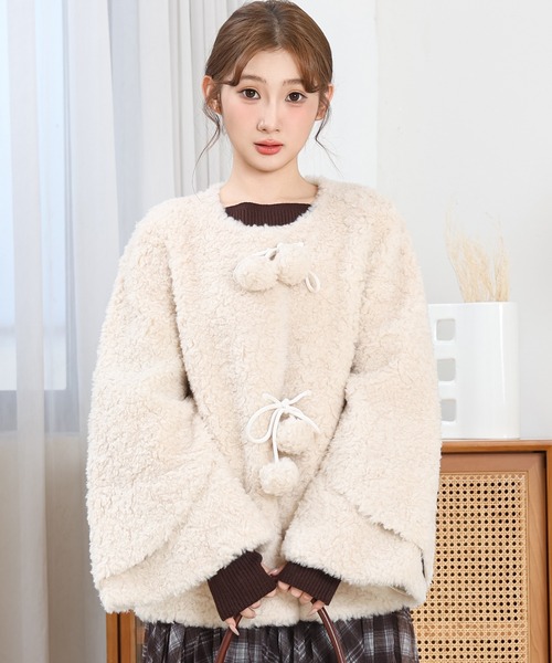 Anely ジャケット ノーカラージャケット ノーカラー ポンポン付き