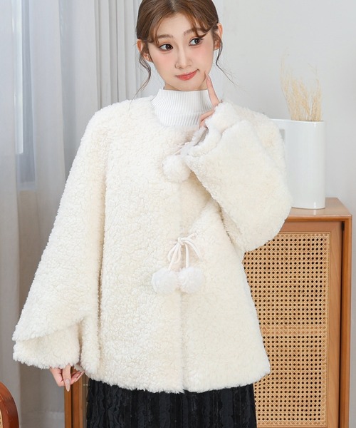 Anely ジャケット ノーカラージャケット ノーカラー ポンポン付き