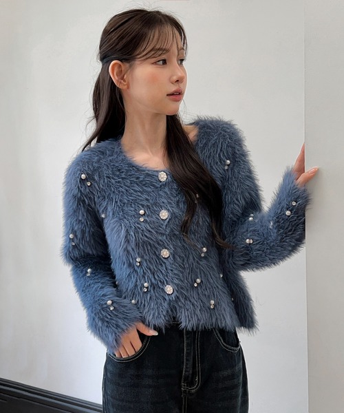 by muni:r カーディガン 「着用動画あり!」パールキュービックボタン