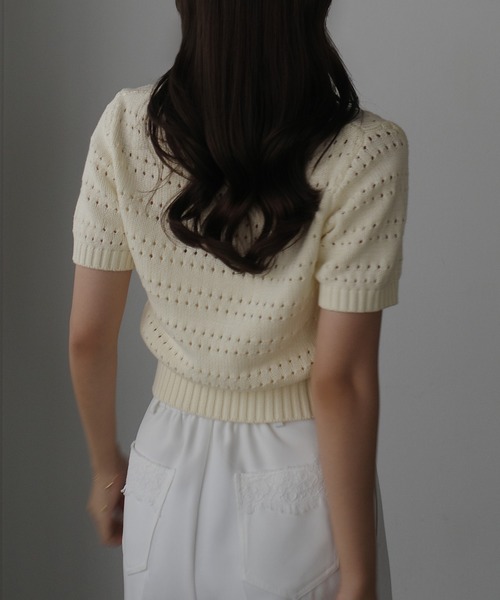未使用 ルネ 襟付き 透かし編みニット ビジュー パール ホワイト Louere（ルエレ） ニット セーター スキッパー透かしあみポロニット