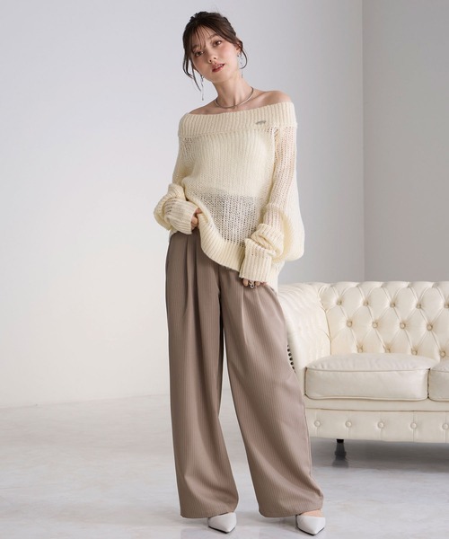 Elishe ニット セーター シアーオフショルダーニットトップス