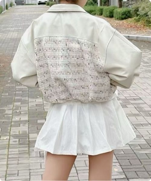 I.O.E ブルゾン アウター 韓国流 ミックスツイードクロップド 