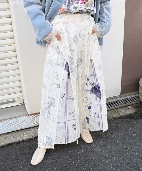 パンツ 561223：スリット入り刺繍レース重ね アンティーク柄パンツ レディース