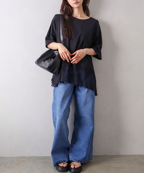 新品 d.i.a. 半袖 トップス RT-807 ブラック SpRay（スプレイ） tシャツ 半袖 裾レースヘム5分袖プルオーバー