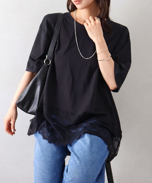 新品 d.i.a. 半袖 トップス RT-807 ブラック SpRay（スプレイ） tシャツ 半袖 裾レースヘム5分袖プルオーバー