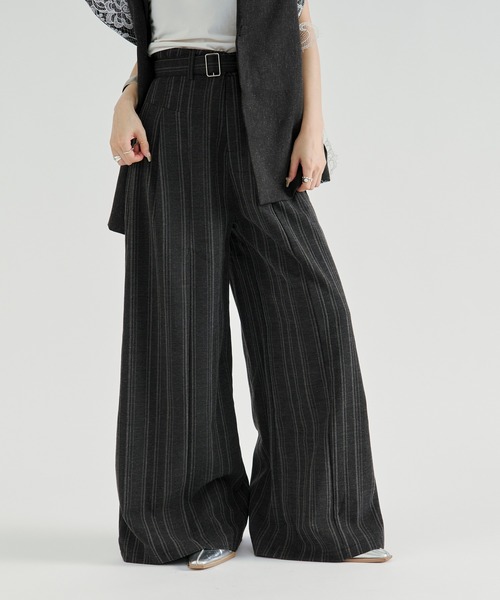 Ezick ワイドパンツ スラックス パンツ Linen-feel striped pants