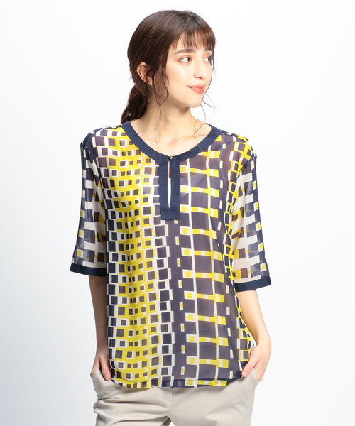NARACAMICIE シフォンキカ柄ノーカラーチュニックブラウス S