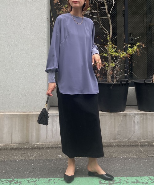 マルチサイズ ブラウス シャツ リブ付バンドカラーロングシャツ -洗濯機洗い可- レディース